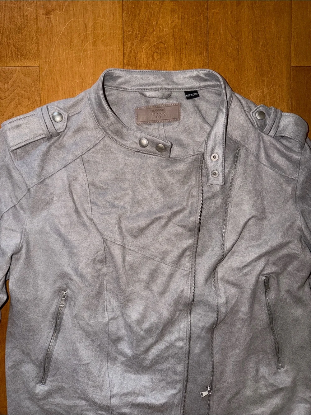BLANKNYC Faux Suede Moto Jacket Light Gray Zipped No Collar